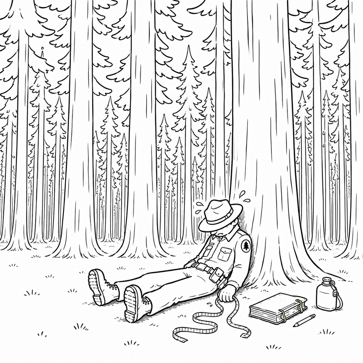 A black and white drawing of a person lying in a forest
AI-generated content may be incorrect.